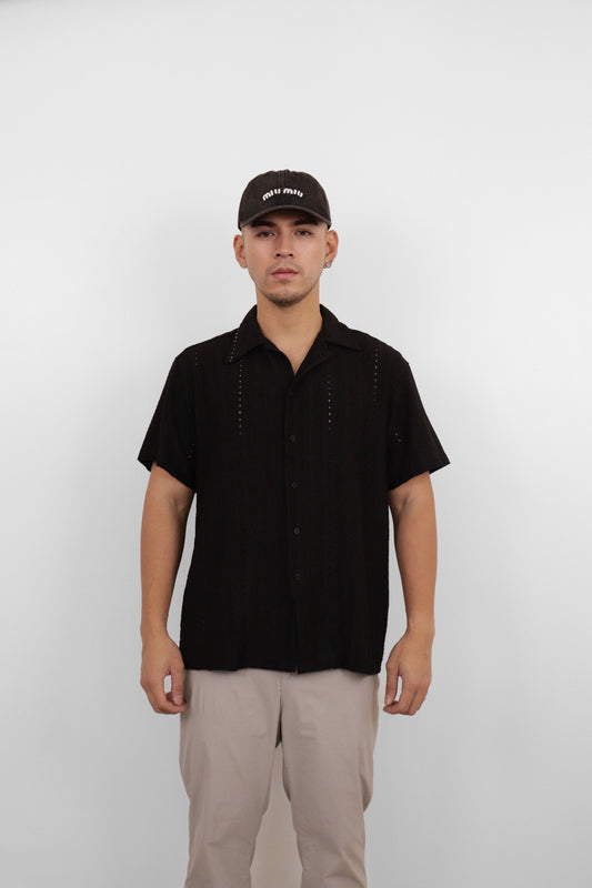 Black Textured Camp Shirt