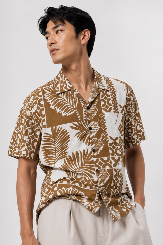 Tan Leaf Block Camp Shirt