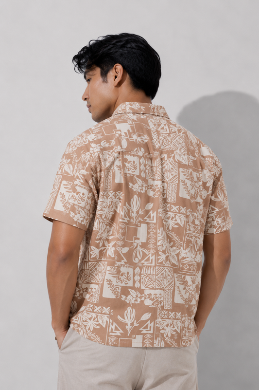 Taupe Tile Print Camp Shirt