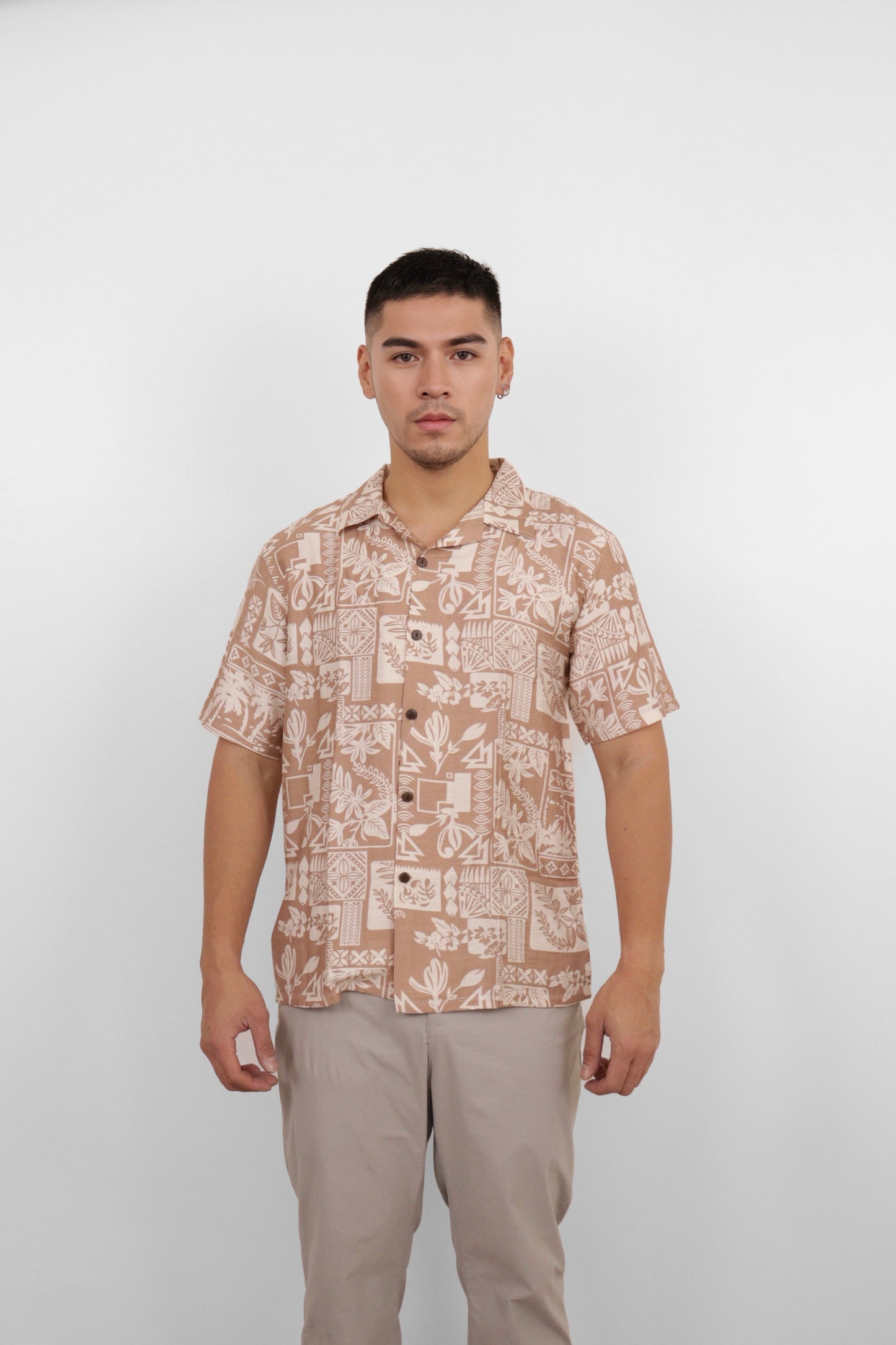 Taupe Tile Print Camp Shirt
