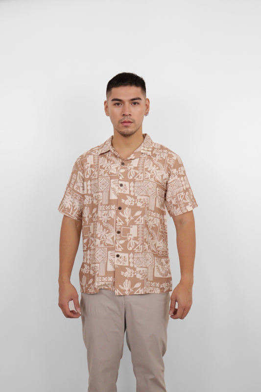Taupe Tile Print Camp Shirt
