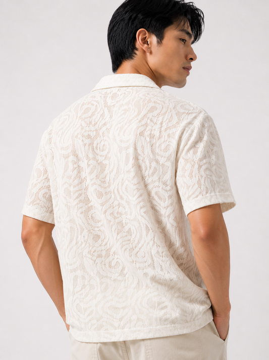 Textured Swirl Open Collar Polo – Light Sand