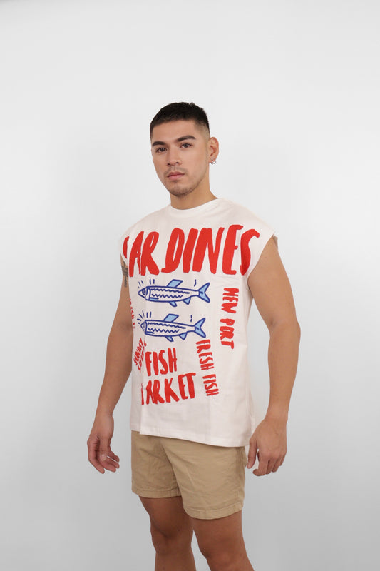 White Sardines Fish Market Muscle Tee