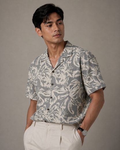 Palm Sketch Chambray Resort Shirt - Slim Fit