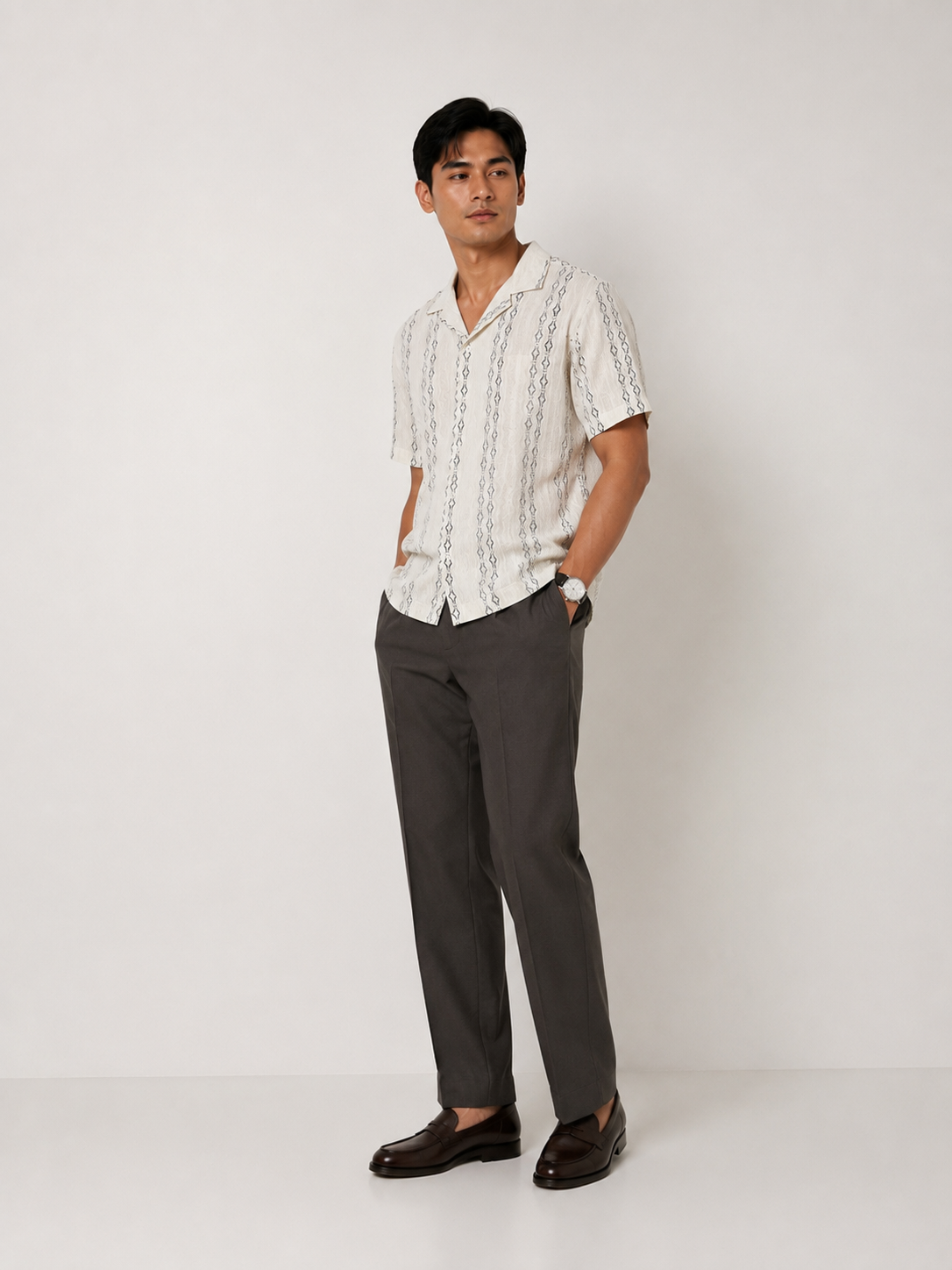 Ivory Geometric Textured Knit Polo