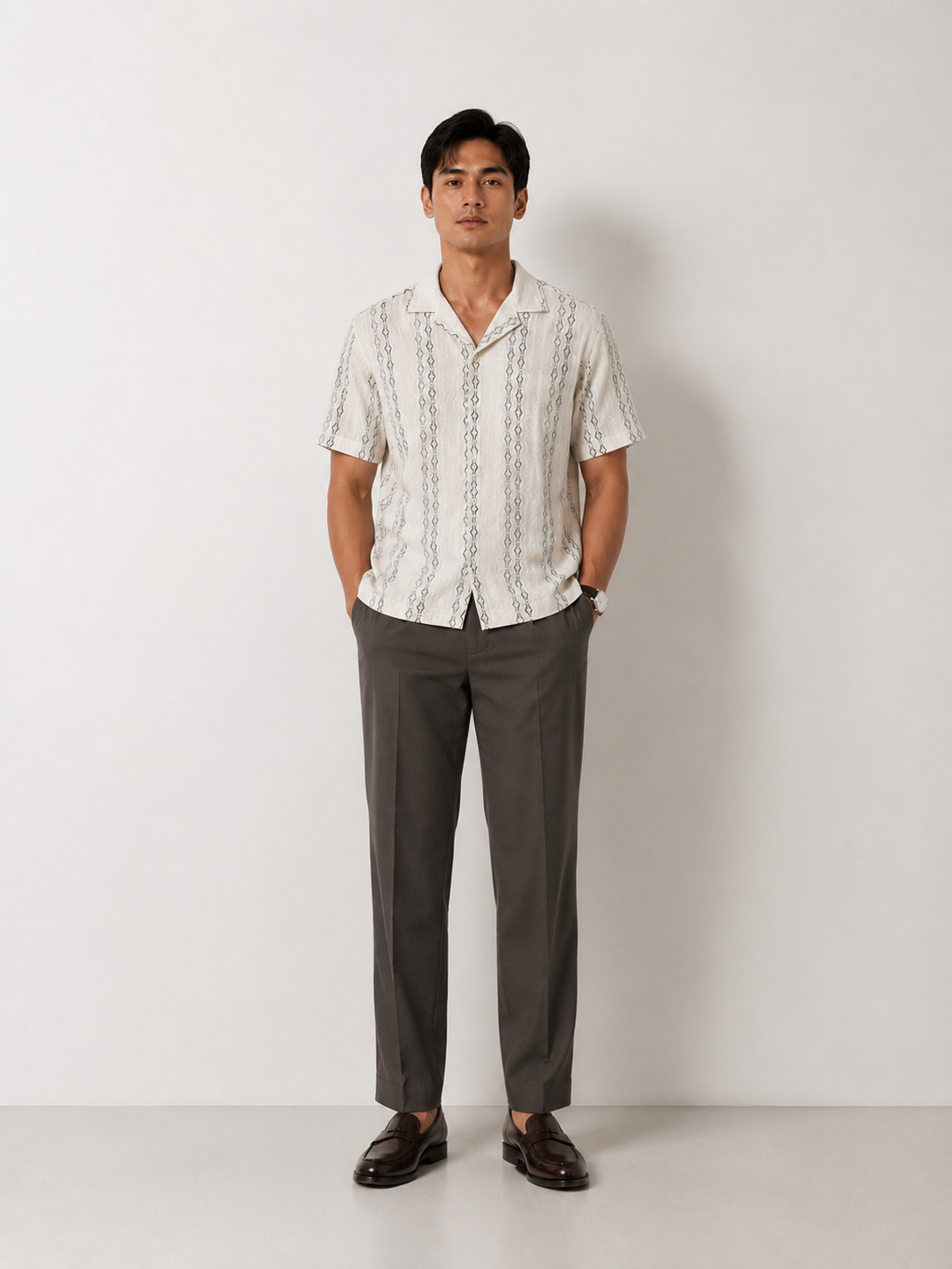 Ivory Geometric Textured Knit Polo