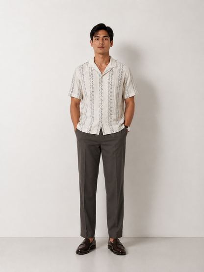 Ivory Geometric Textured Knit Polo
