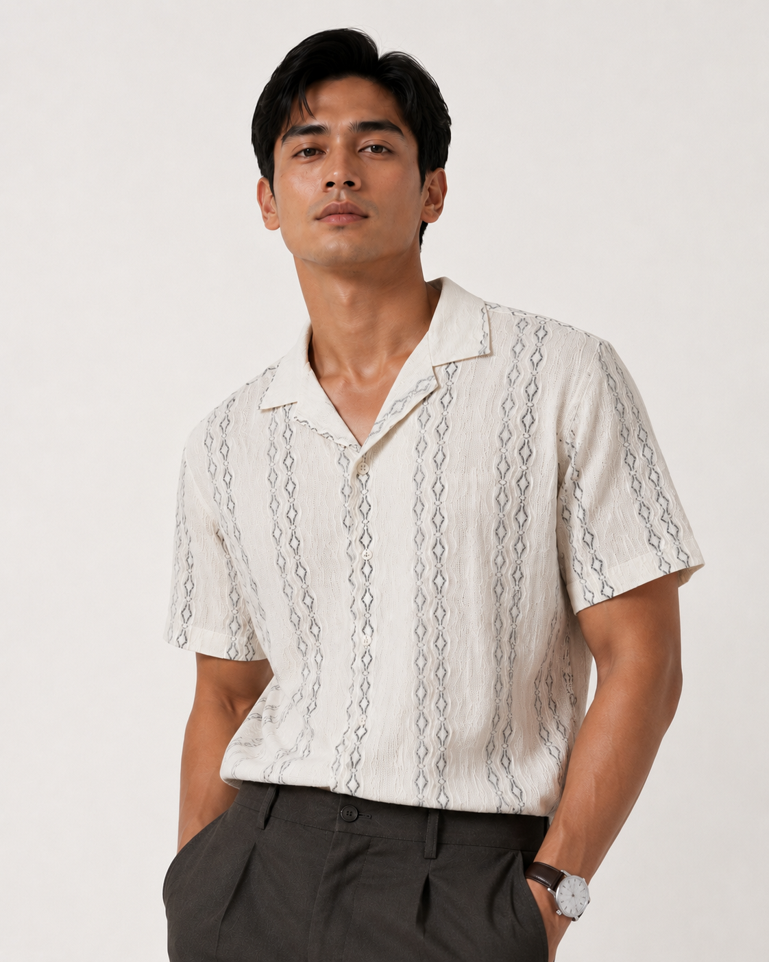 Ivory Geometric Textured Knit Polo