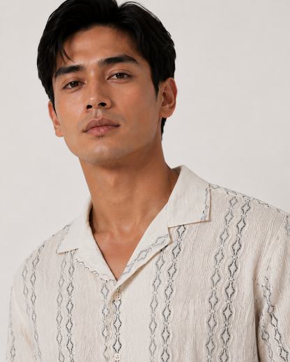 Ivory Geometric Textured Knit Polo