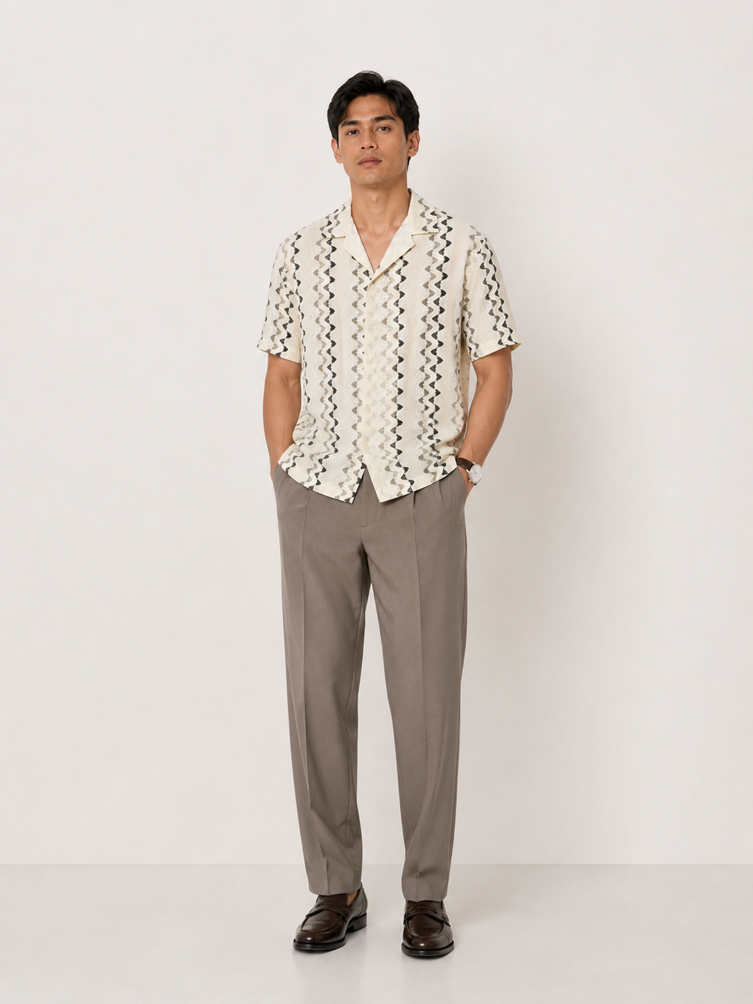 Sand Geometric Textured Knit Polo