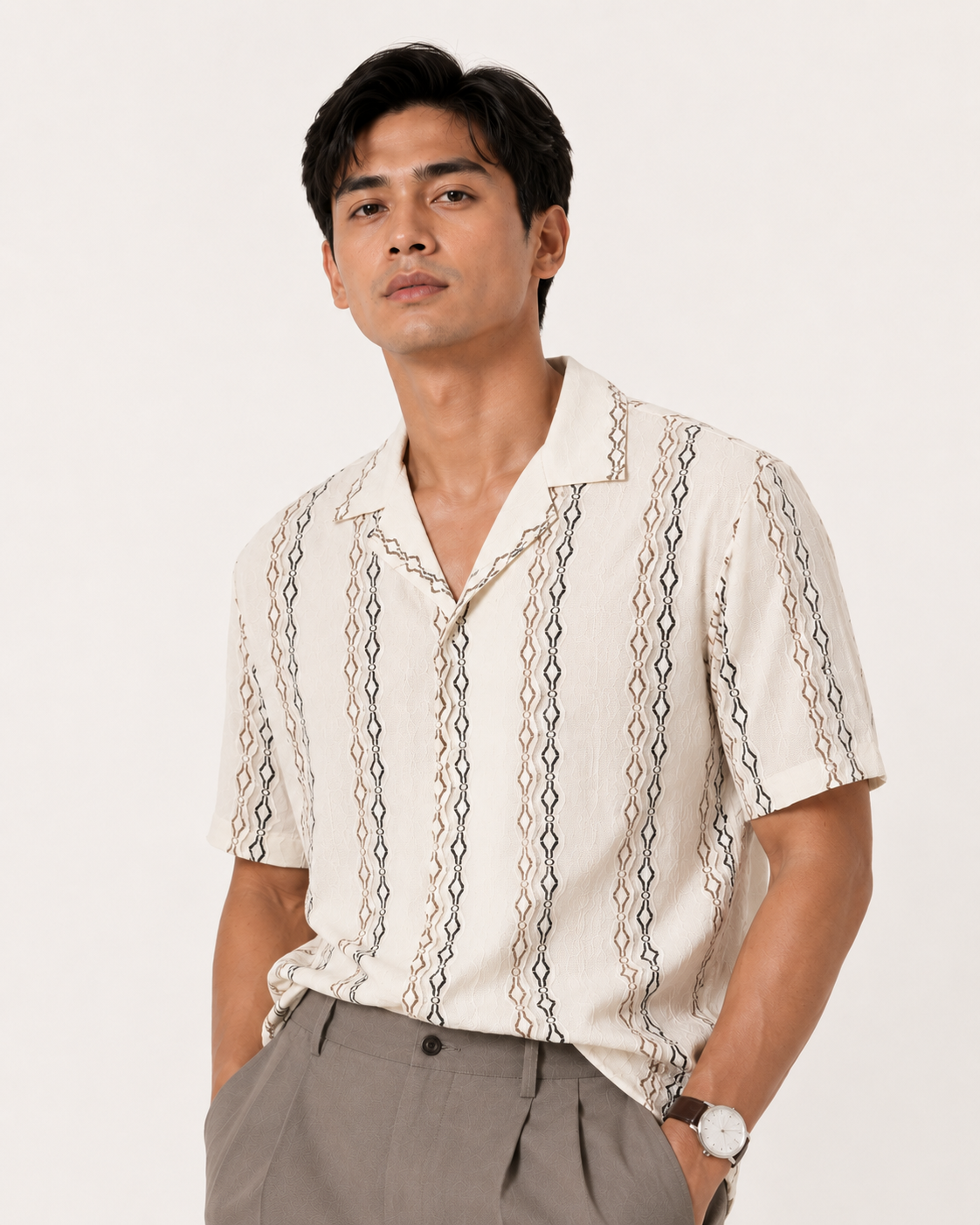 Sand Geometric Textured Knit Polo