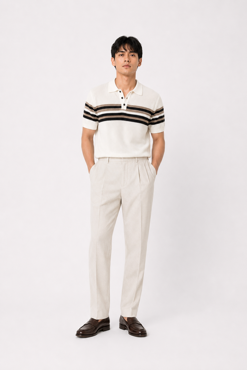 Ivory Horizon Striped Knitted Polo