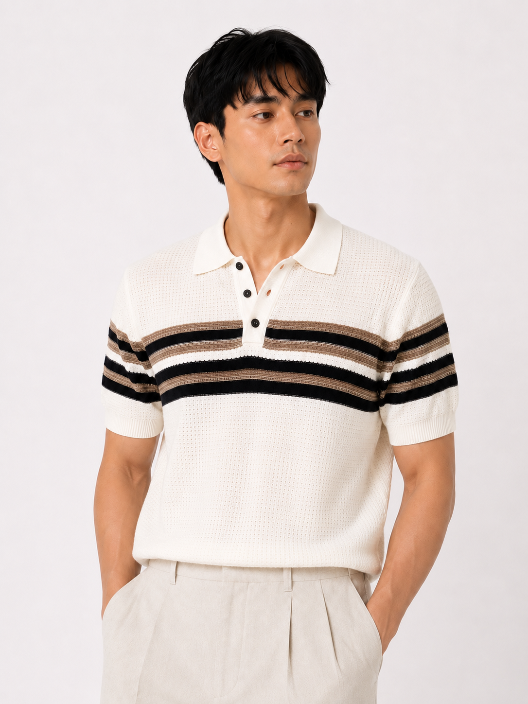 Ivory Horizon Striped Knitted Polo
