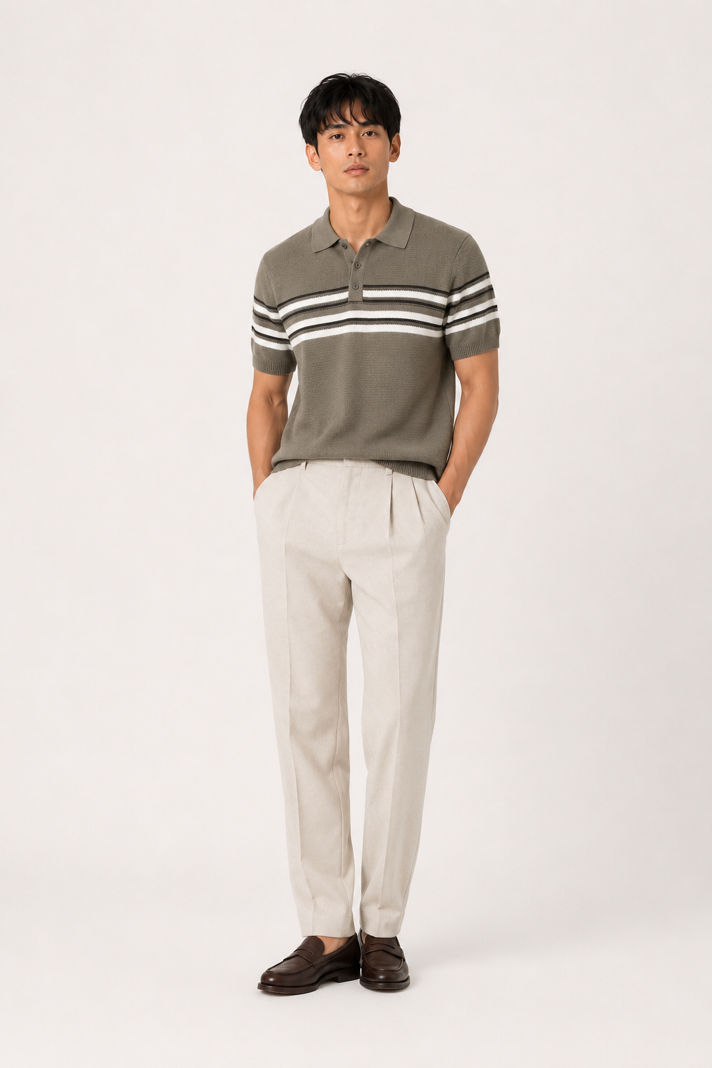 Olive Horizon Striped Knitted Polo