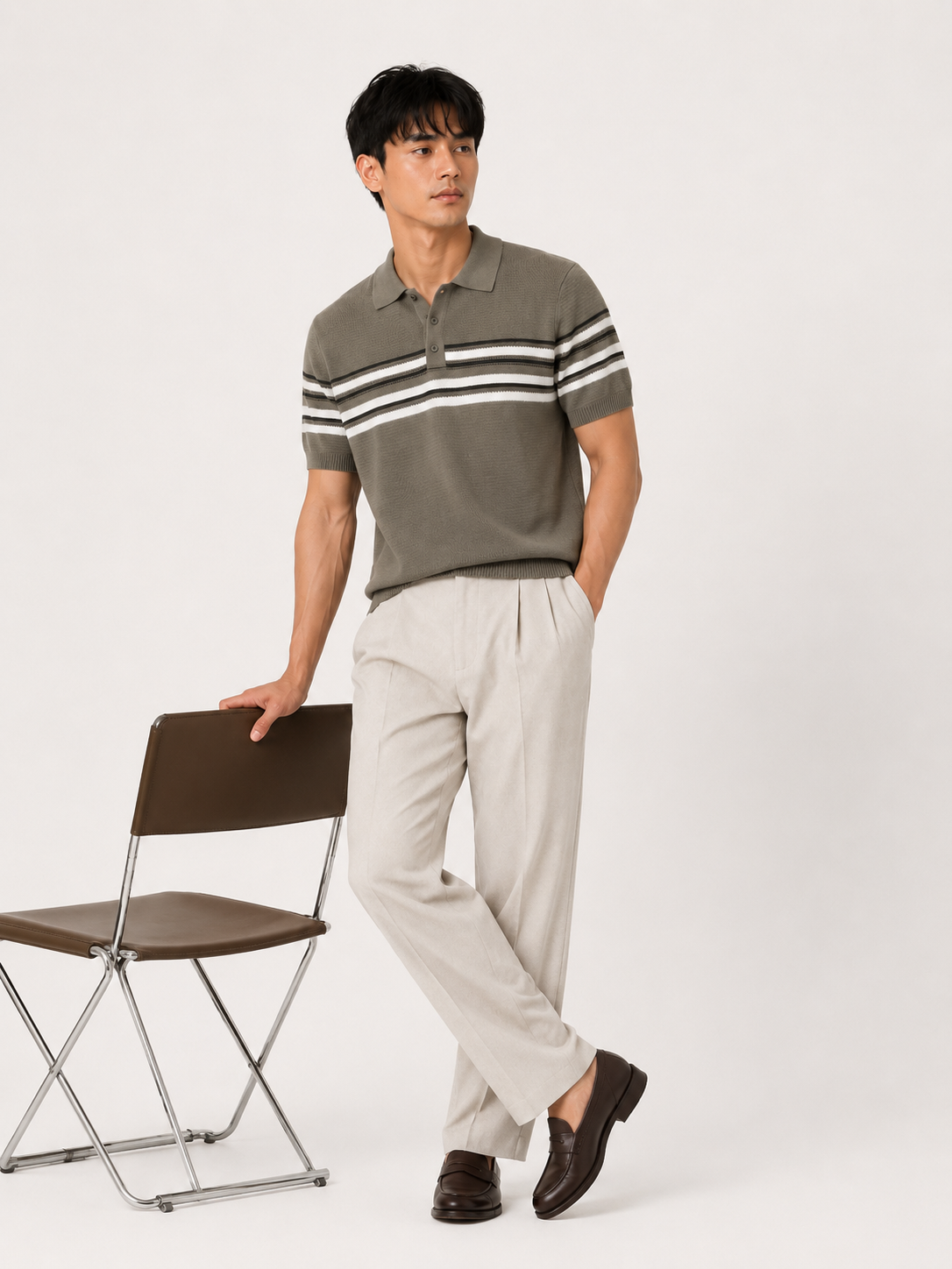 Olive Horizon Striped Knitted Polo