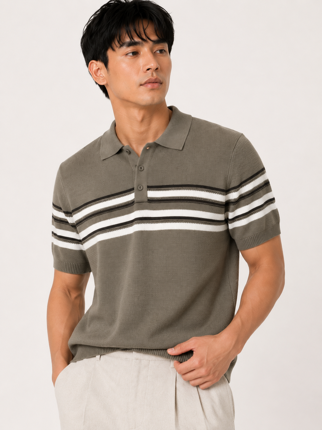 Olive Horizon Striped Knitted Polo