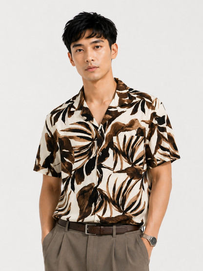 Tropical Monstera Resort Shirt in Mocha