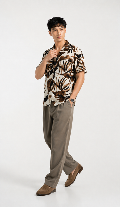 Tropical Monstera Resort Shirt in Mocha