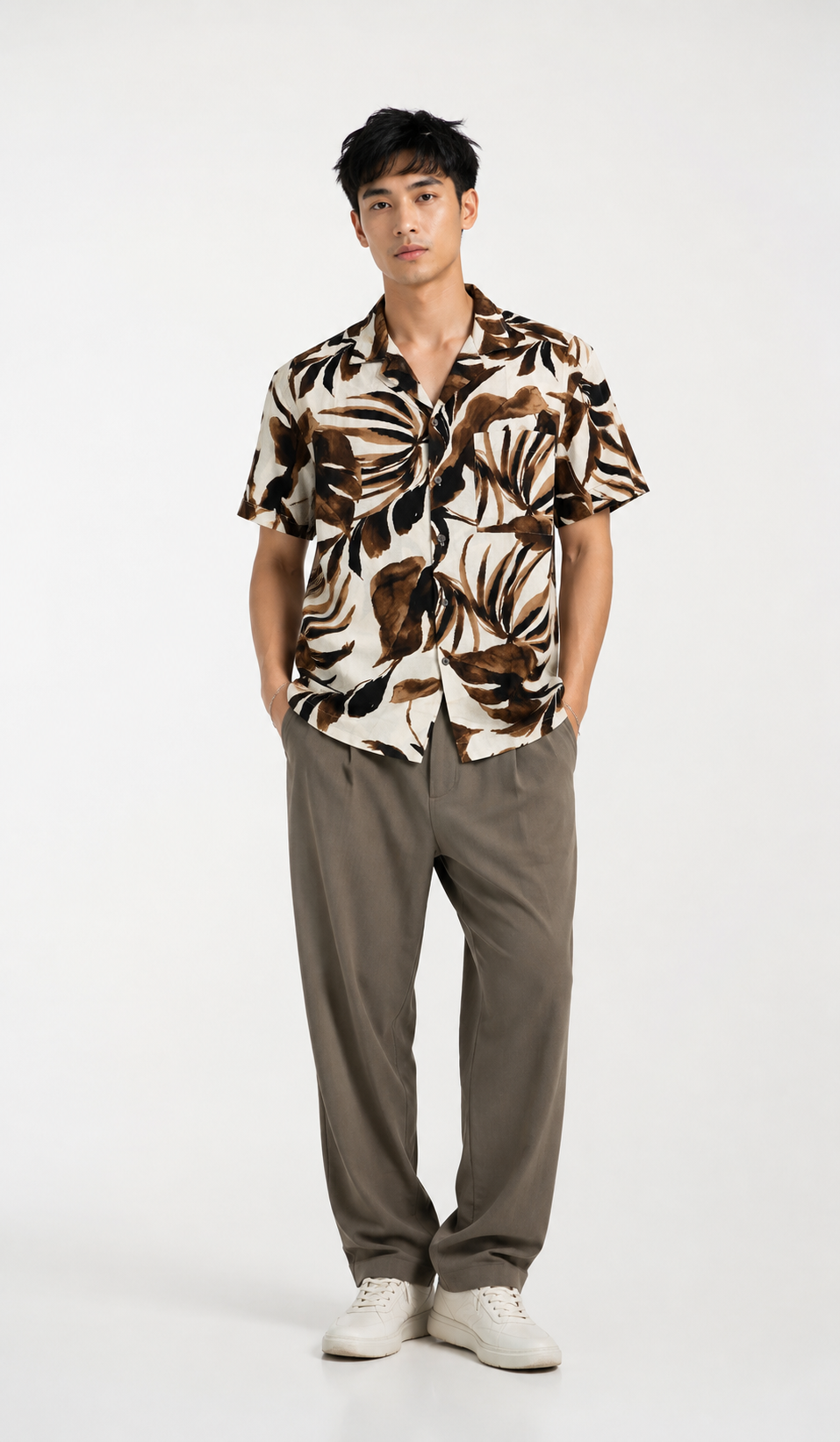 Tropical Monstera Resort Shirt in Mocha