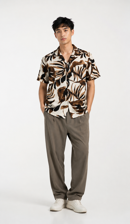 Tropical Monstera Resort Shirt in Mocha