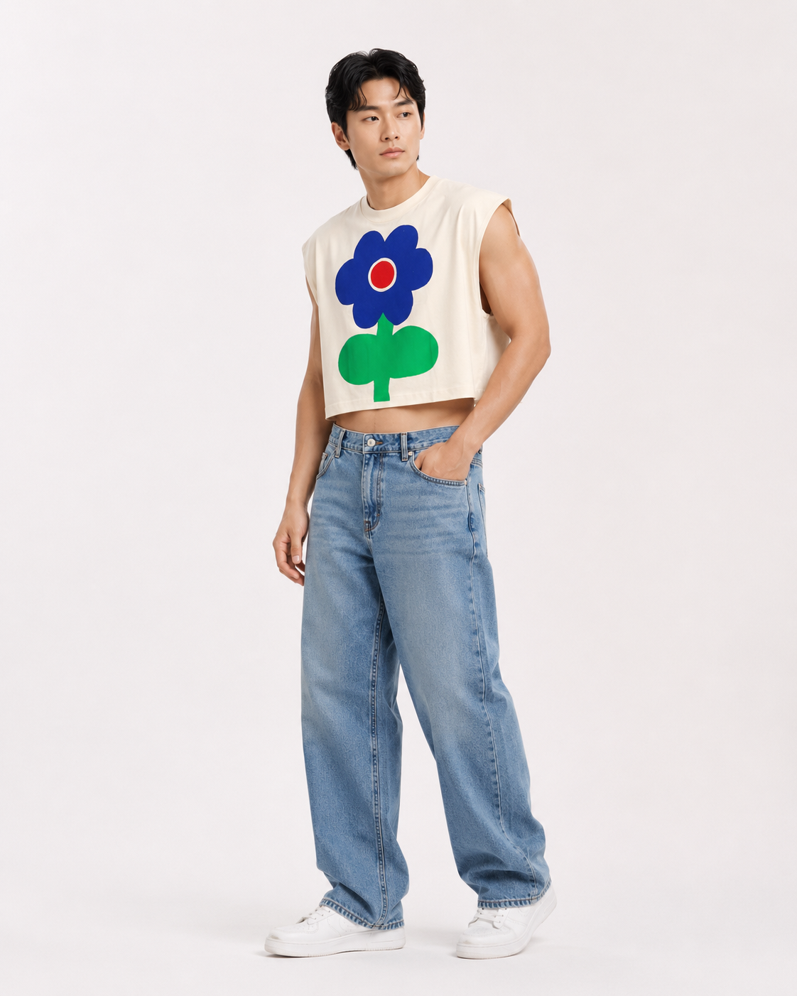 Blue Bloom Cropped Muscle Tee