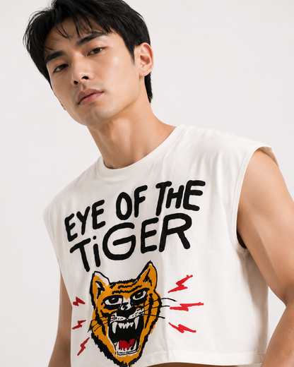 Eye of the Tiger White Cropped Muscle Tee