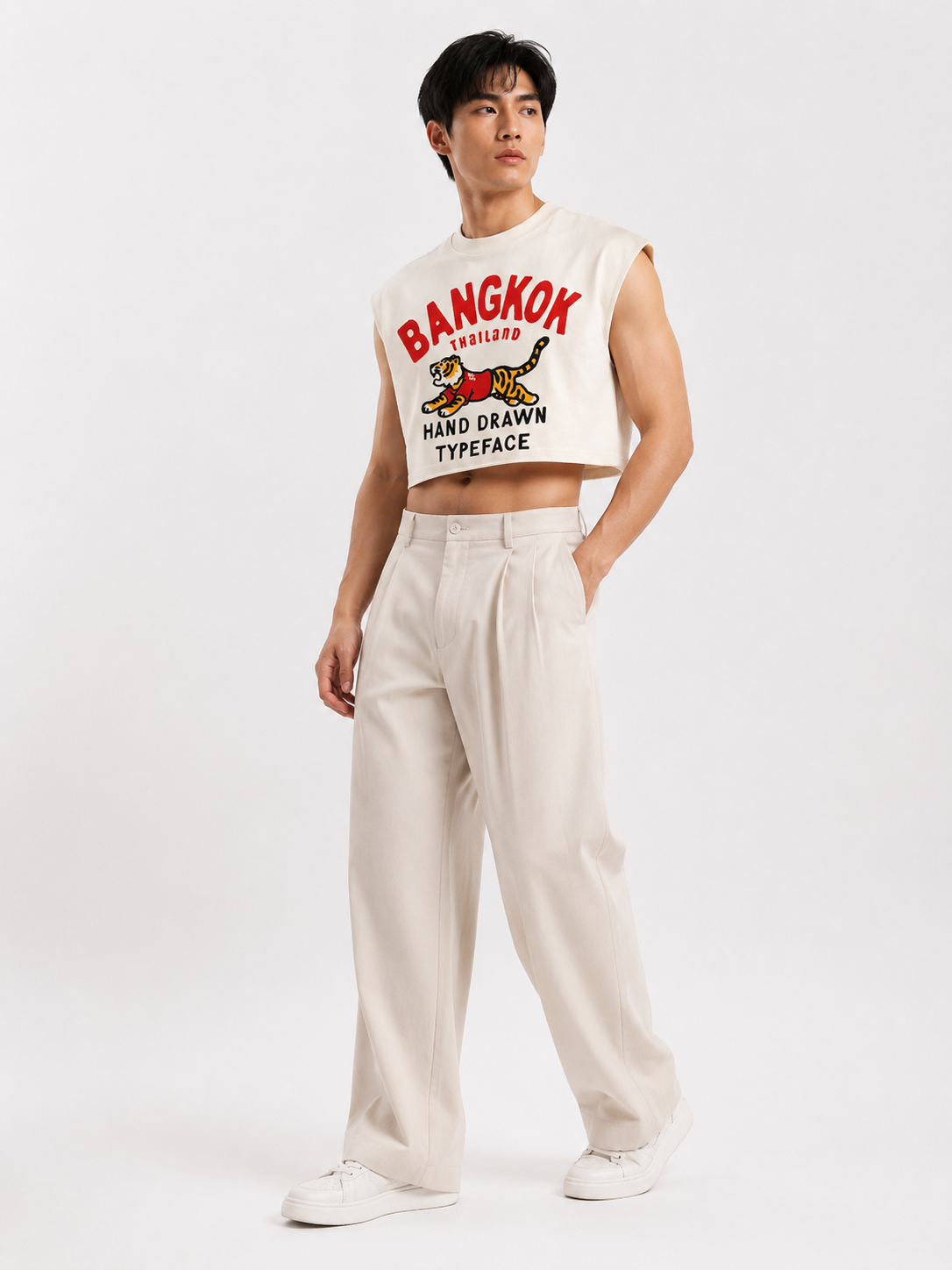 Bangkok Tiger Cream Cropped Muscle Tee