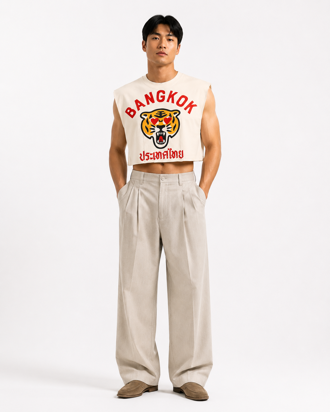 Bangkok Tiger Love Cream Cropped Muscle Tee
