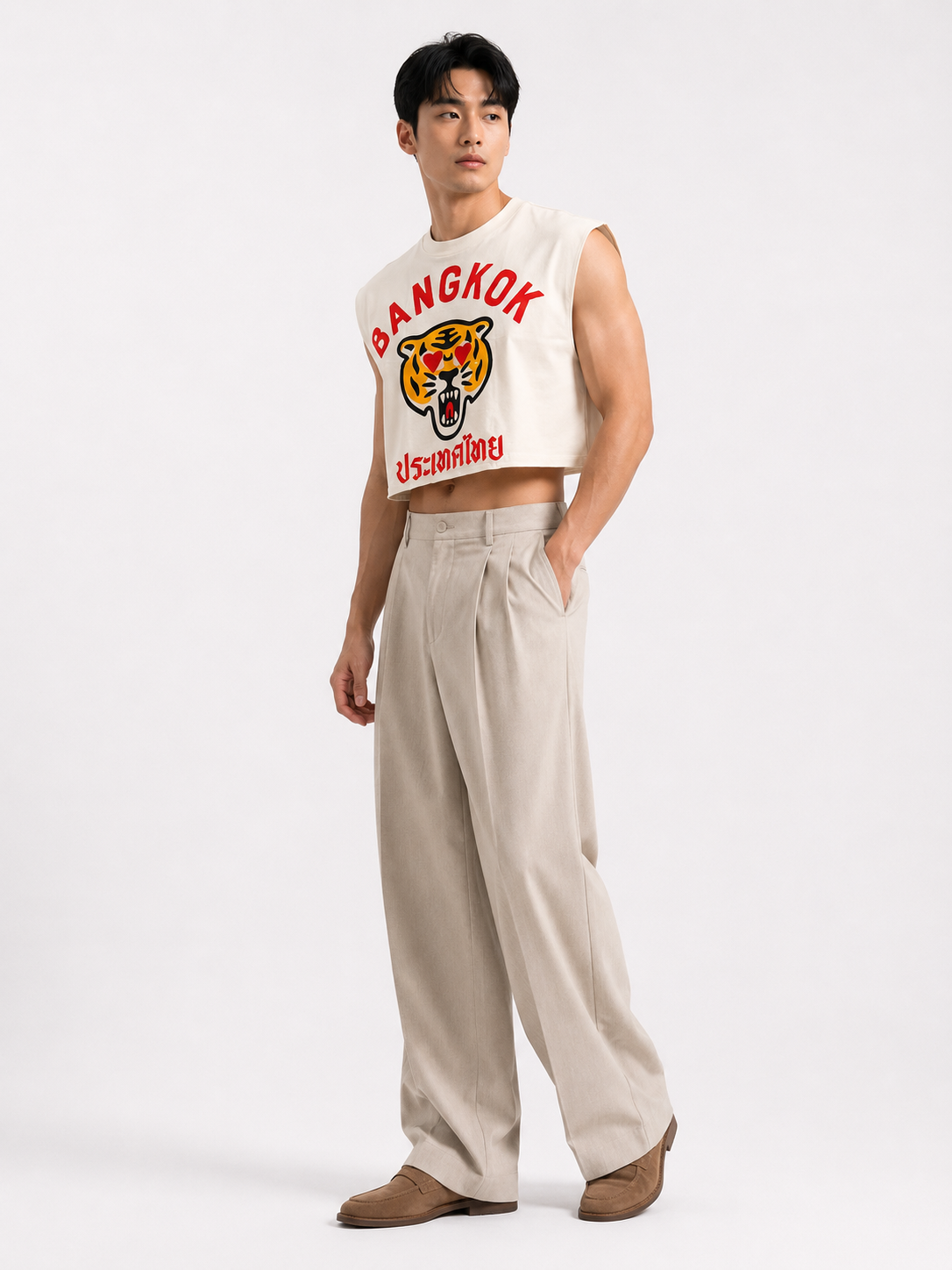 Bangkok Tiger Love Cream Cropped Muscle Tee