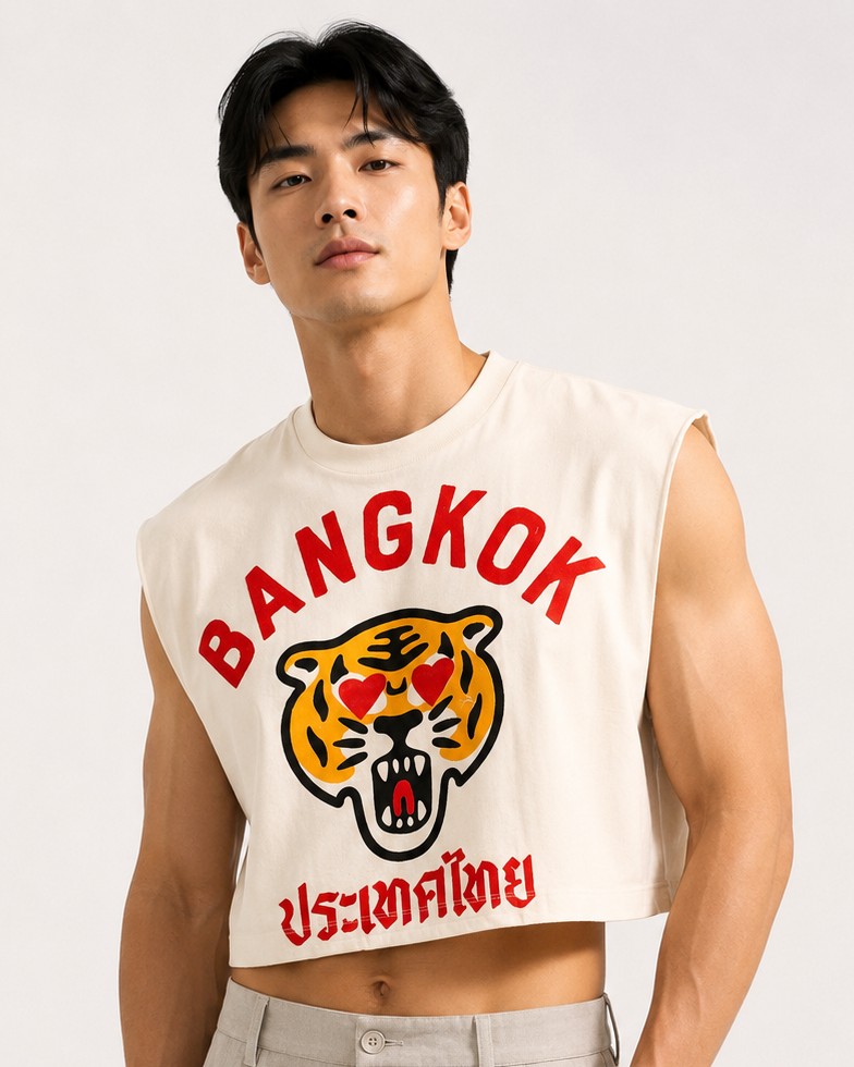 Bangkok Tiger Love Cream Cropped Muscle Tee
