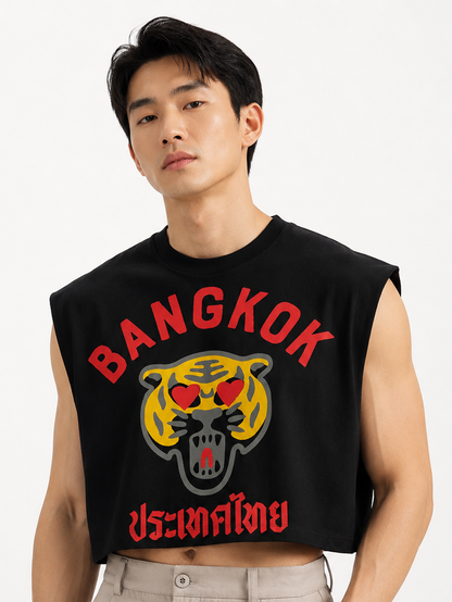 Bangkok Tiger Love Black Cropped Muscle Tee