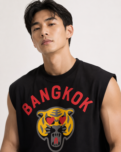Bangkok Tiger Love Black Cropped Muscle Tee