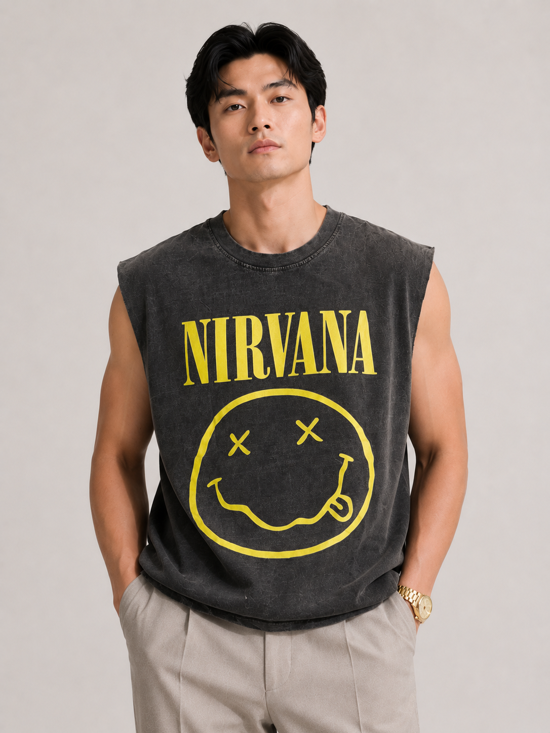 Nirvana Smiley Acid Wash Sleeveless Tee