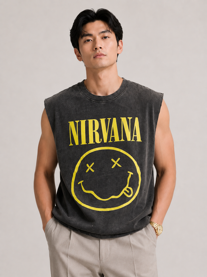 Nirvana Smiley Acid Wash Sleeveless Tee