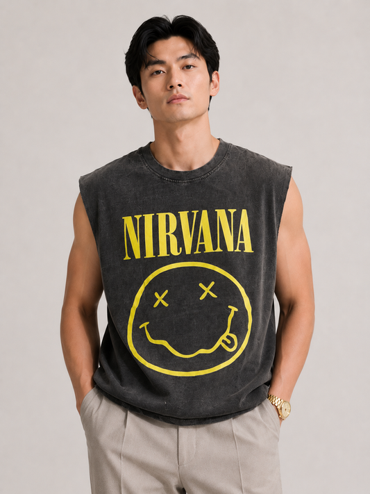 Nirvana Smiley Acid Wash Sleeveless Tee