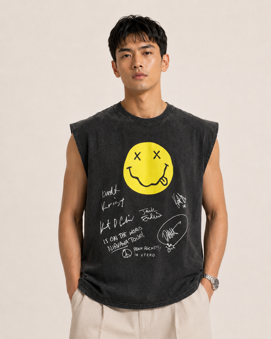Nirvana Smiley Acid Wash Sleeveless Tee