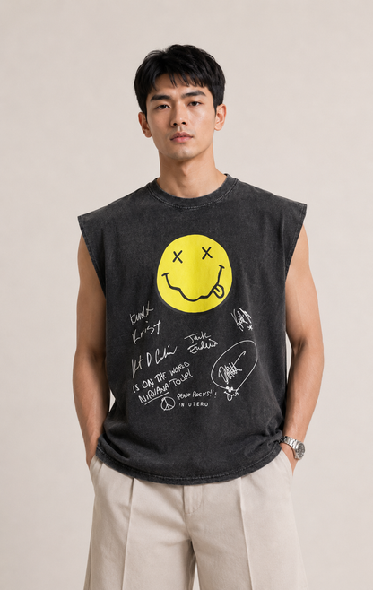 Nirvana Smiley Acid Wash Sleeveless Tee