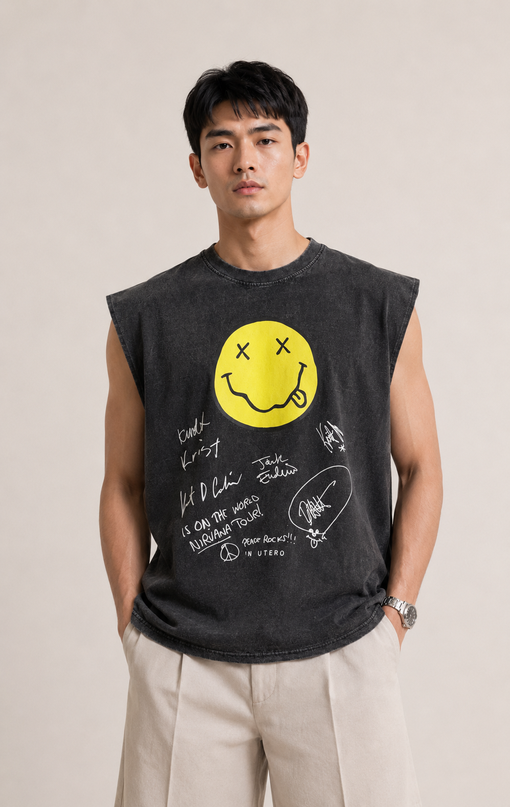 Nirvana Smiley Acid Wash Sleeveless Tee