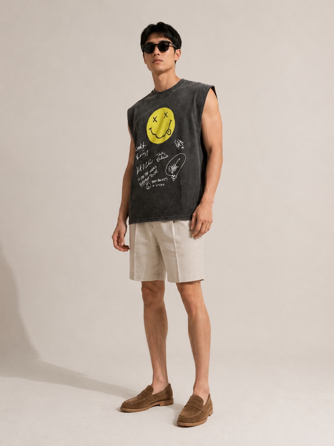 Nirvana Smiley Acid Wash Sleeveless Tee