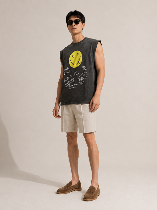 Nirvana Smiley Acid Wash Sleeveless Tee