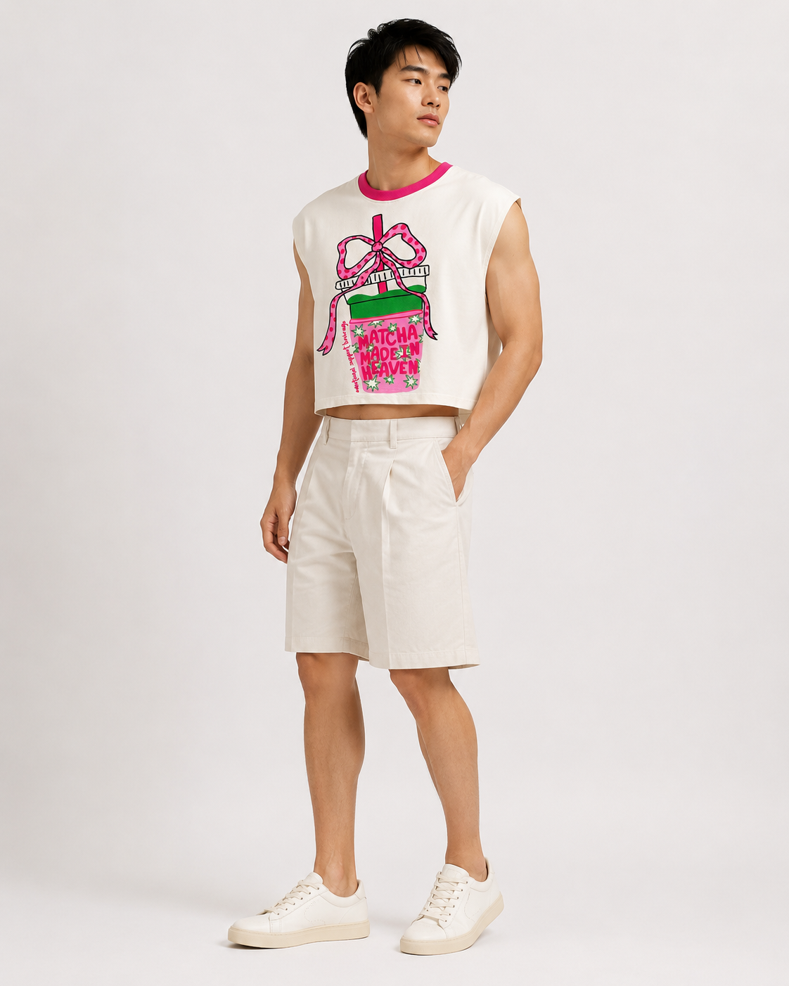 Matcha Made in Heaven Pink Ribbed Cropped Muscle Tee
