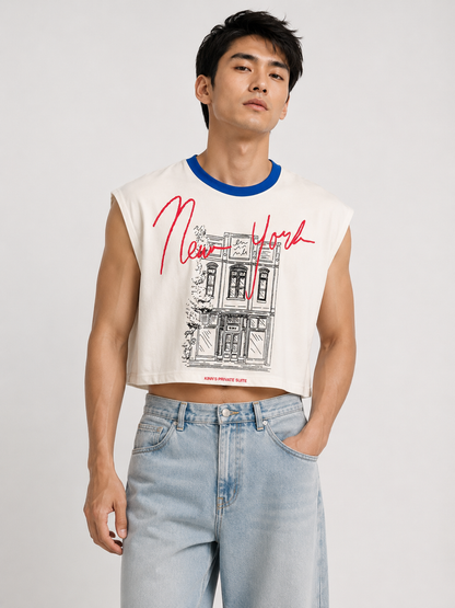 New York Blue Ribbed Cropped Muscle Tee