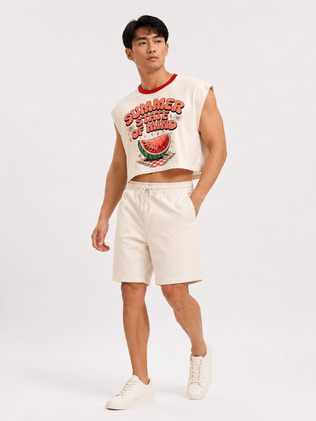 Summer State of Mind Red Ribbed Cropped Muscle Tee