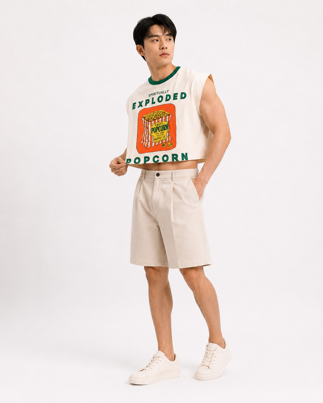 Spiritually Exploded Popcorn Green Ribbed Cropped Muscle Tee