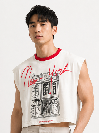 New York Red Ribbed Cropped Muscle Tee
