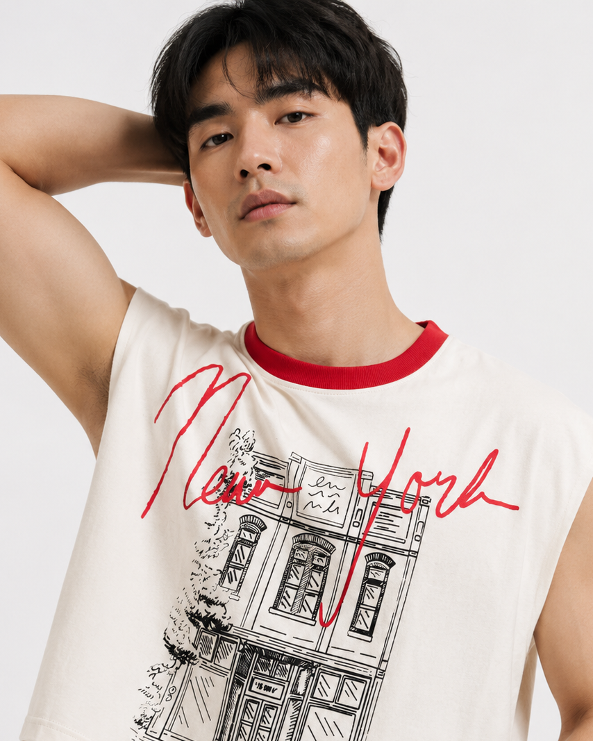 New York Red Ribbed Cropped Muscle Tee