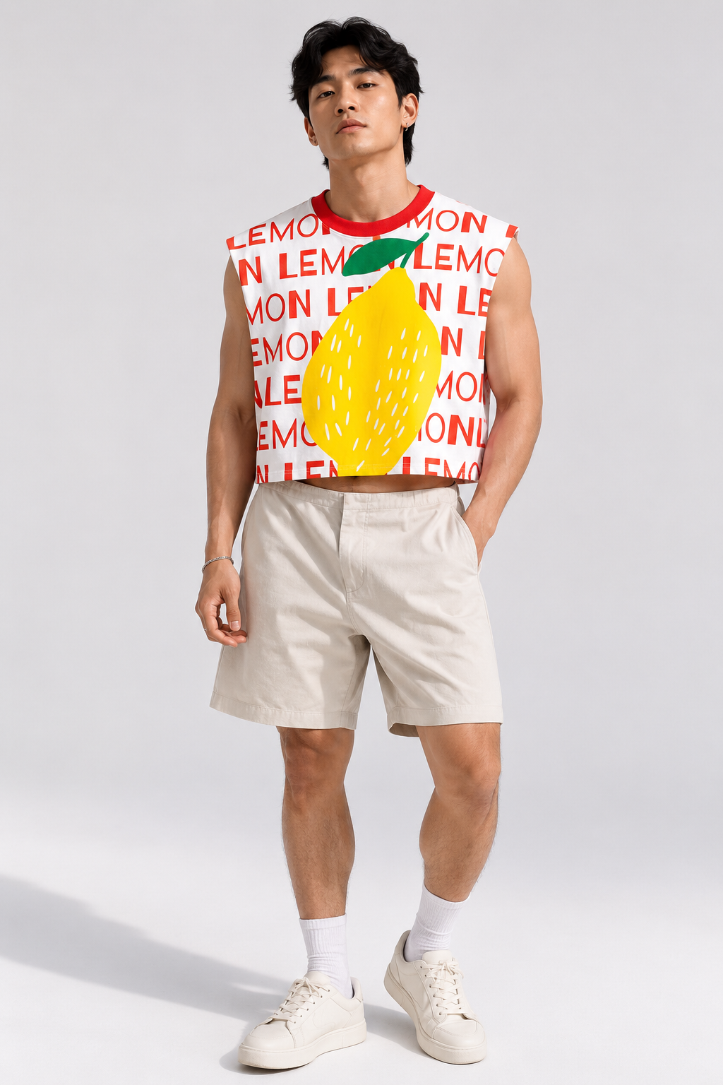 Lemon Red Ribbed Cropped Muscle Tee