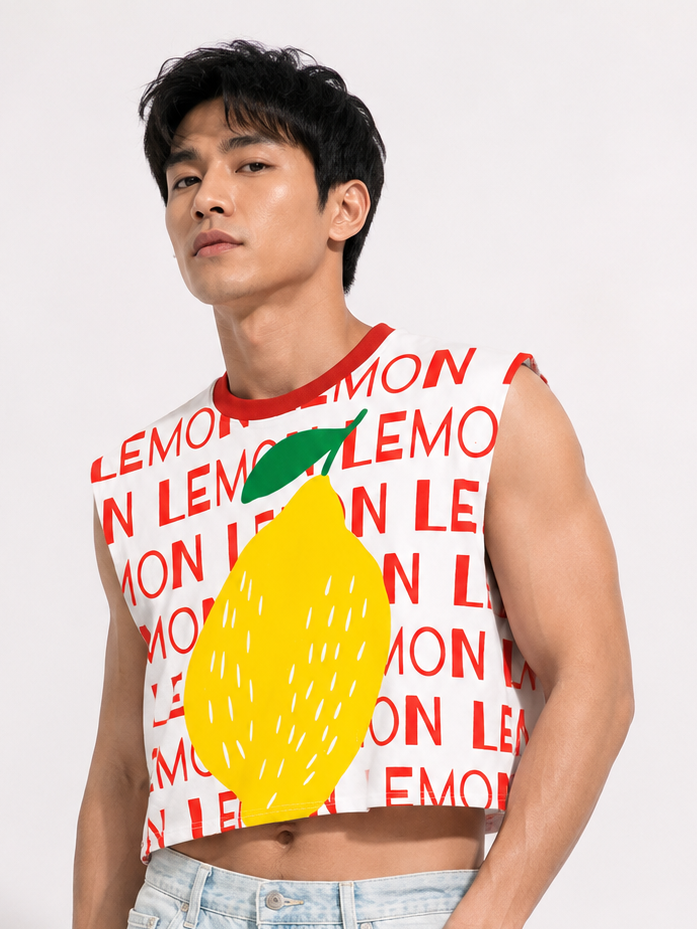 Lemon Red Ribbed Cropped Muscle Tee