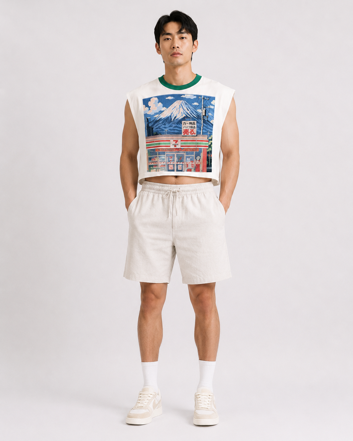 711 & Fuji Green Ribbed Cropped Muscle Tee