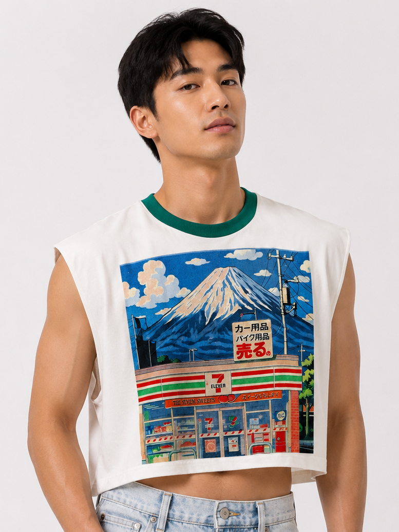 711 & Fuji Green Ribbed Cropped Muscle Tee